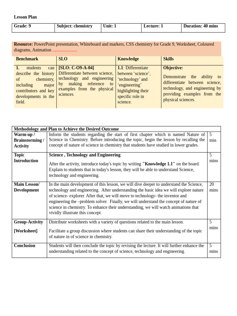 Grade 9 Chemistry Lesson Plan Unit 1 | PDF | Science | Lesson Plan