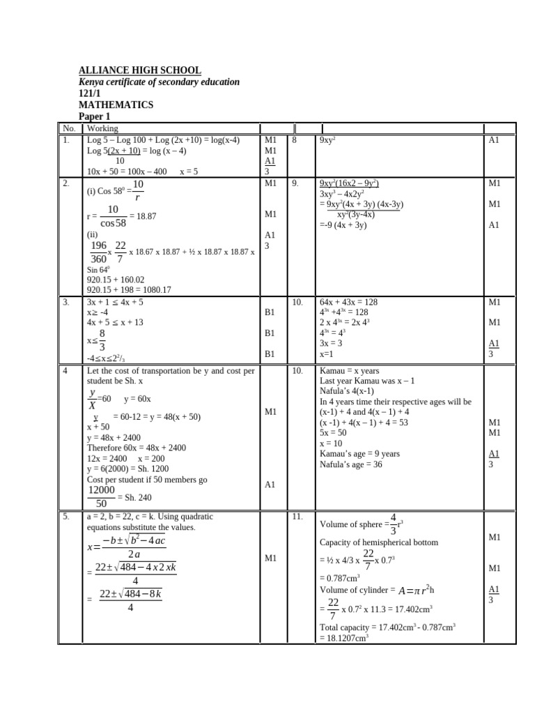 Mathematics Exam Solutions for KCSE | PDF | Mathematics | Mathematical ...