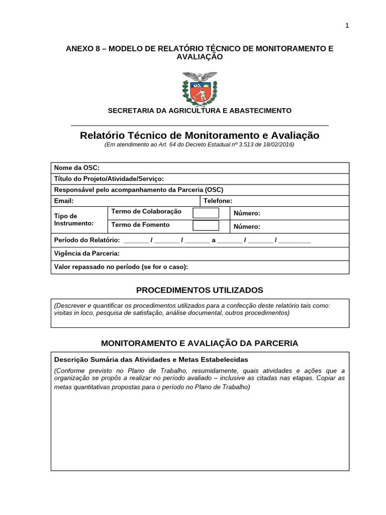 Anexo 8 - Modelo de Relatorio Tecnico de Monitoramento e Avaliacao | PDF