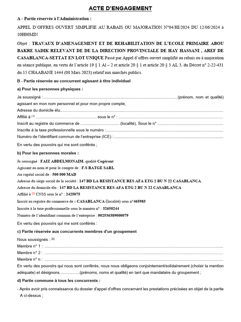 Acte D'engagement | PDF