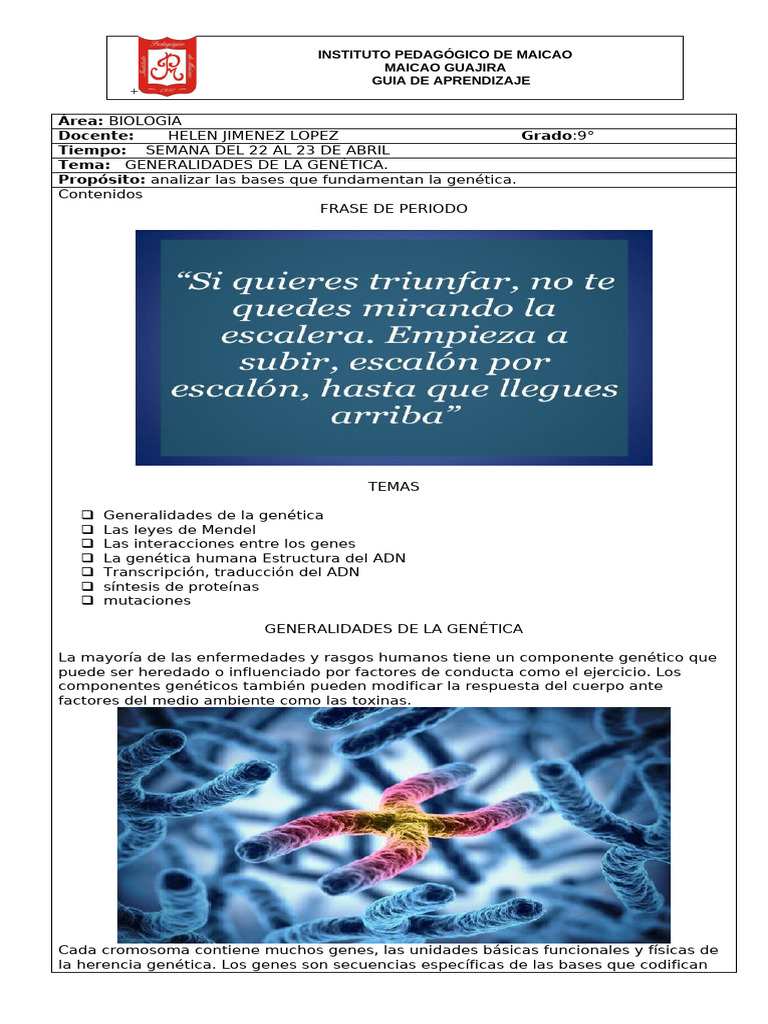 GENERALIDADES DE LA GENÉTICA Guía 9° | PDF