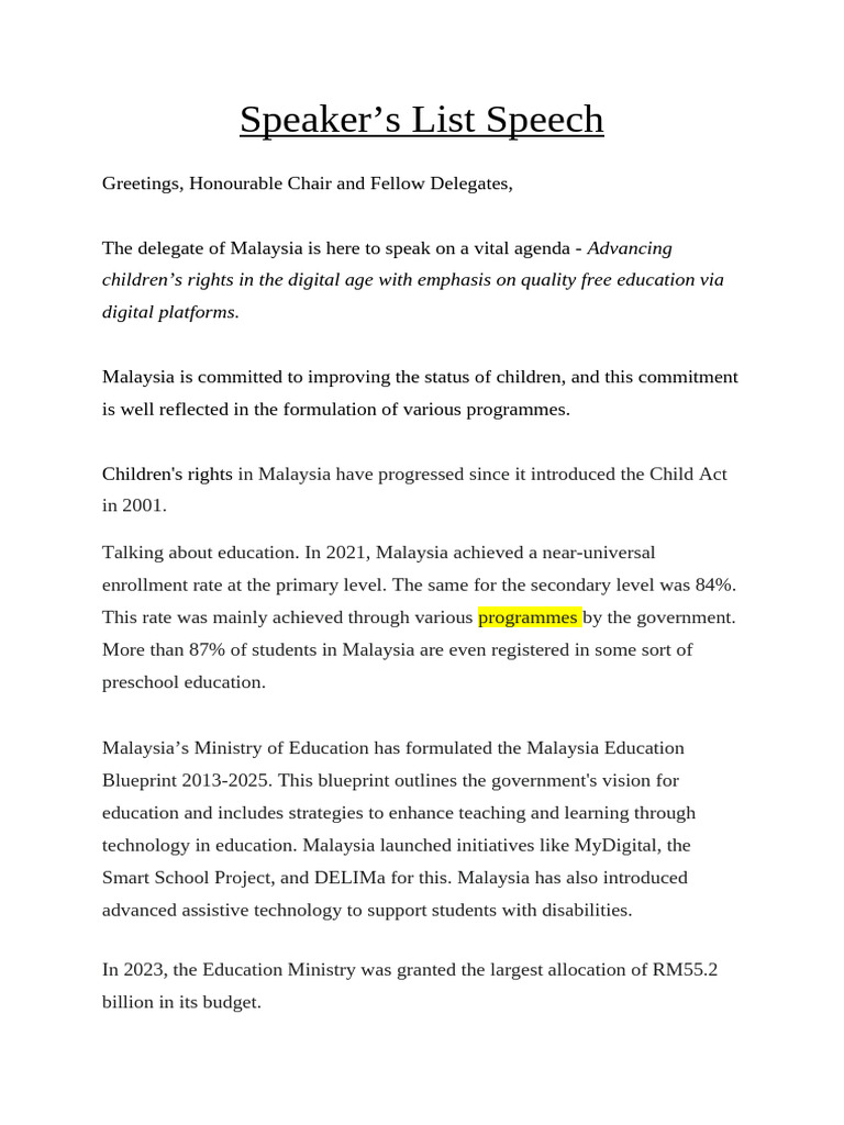 Diplomathon Dubai Malaysia Speaker's List Speech | PDF