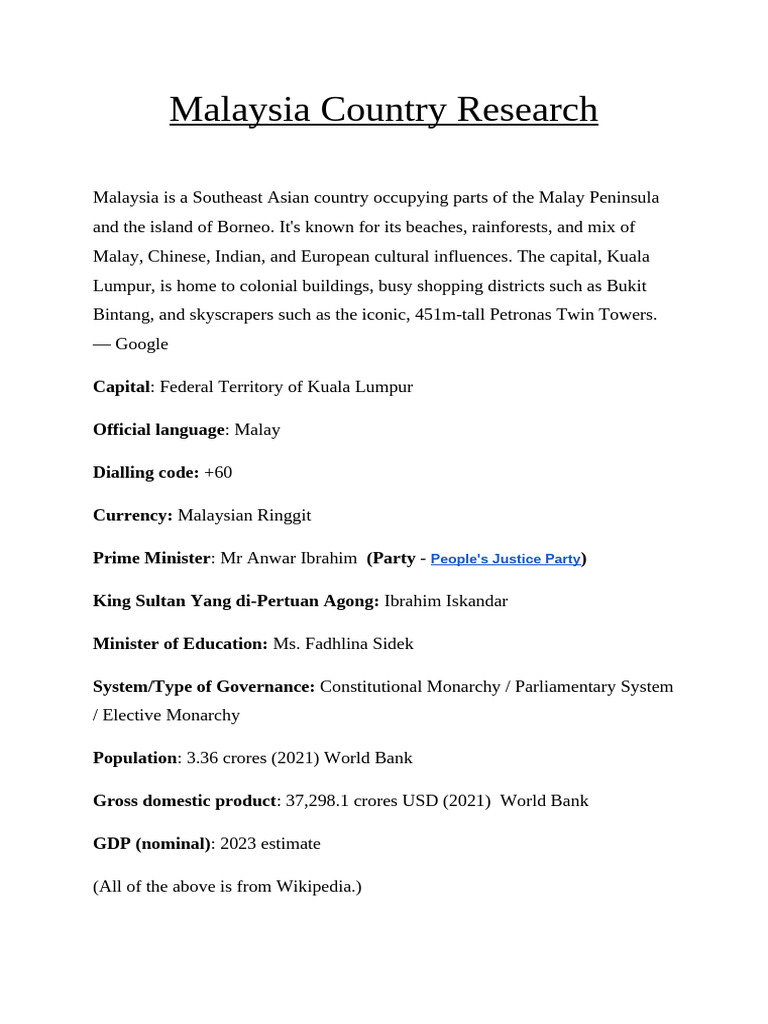 Diplomathon Dubai Malaysia Country Research | PDF