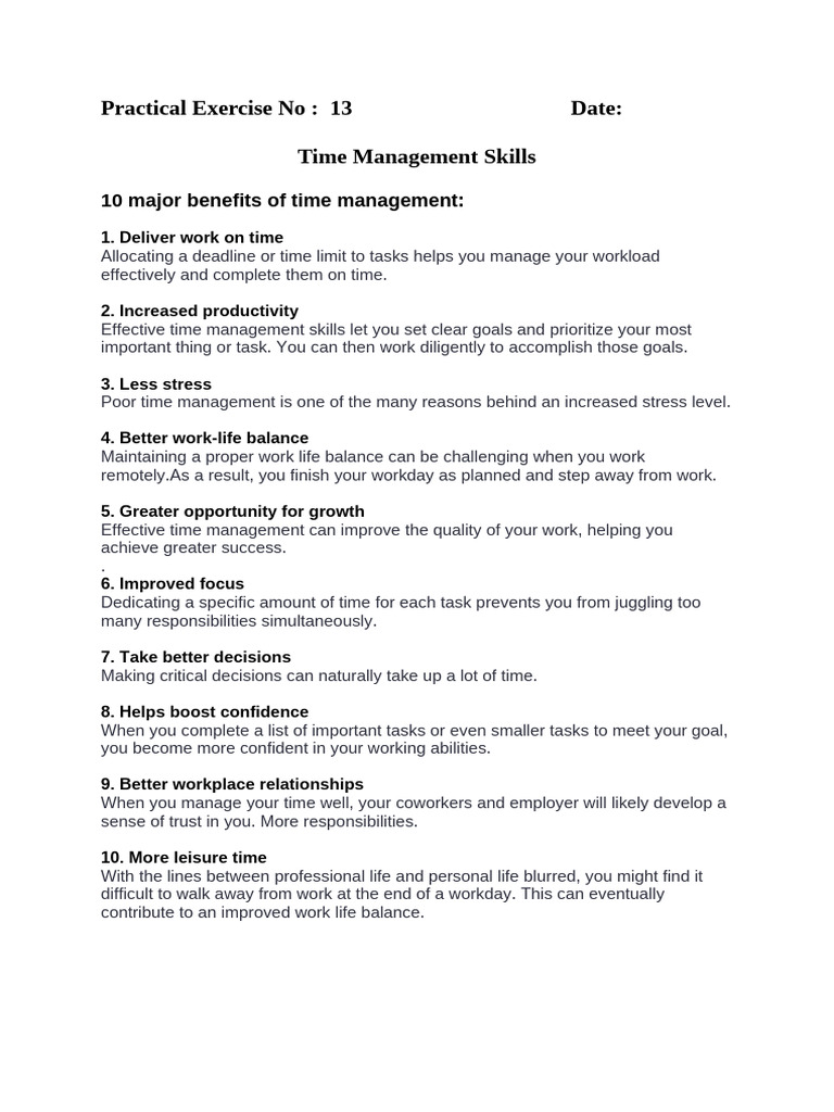Practcal Ex 13 Time Management Tips To Improve Time Management Skills | PDF