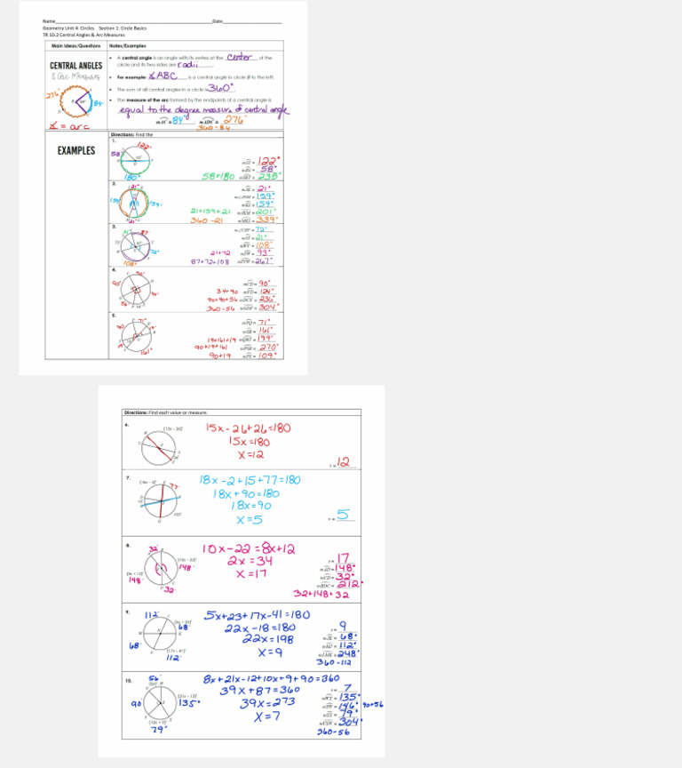Notes TR 10.2 Central Angles and Arcs Solutions 2023 Class 4 | PDF