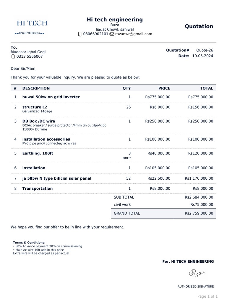 Hi Tech Engineering Quotation | PDF