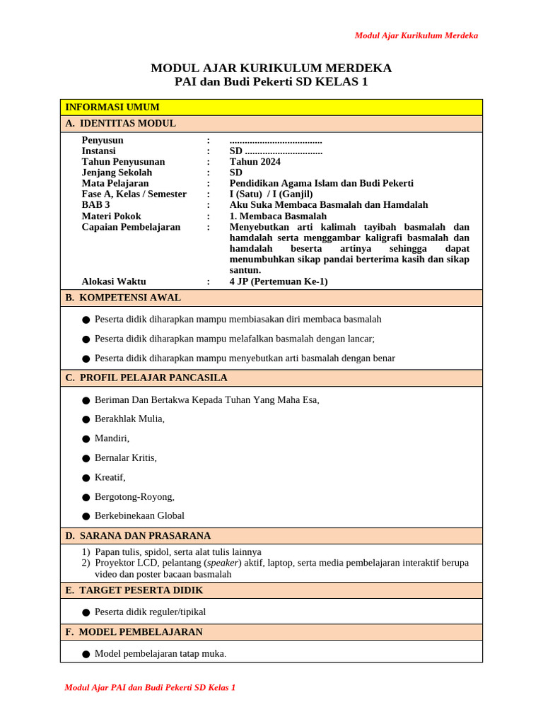 Modul Ajar BAB 3 Kelas 1 | PDF