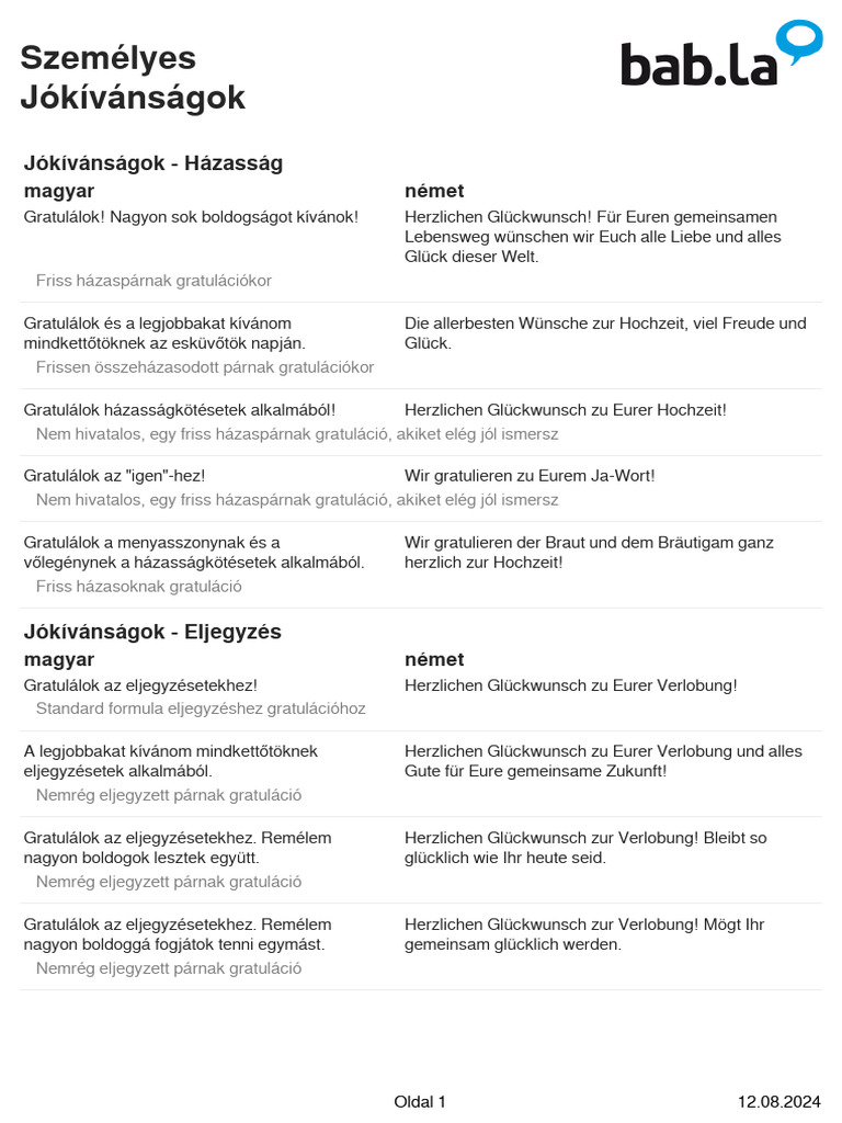 Bab - La Kifejezsek Gratulci Magyar Nmet | PDF