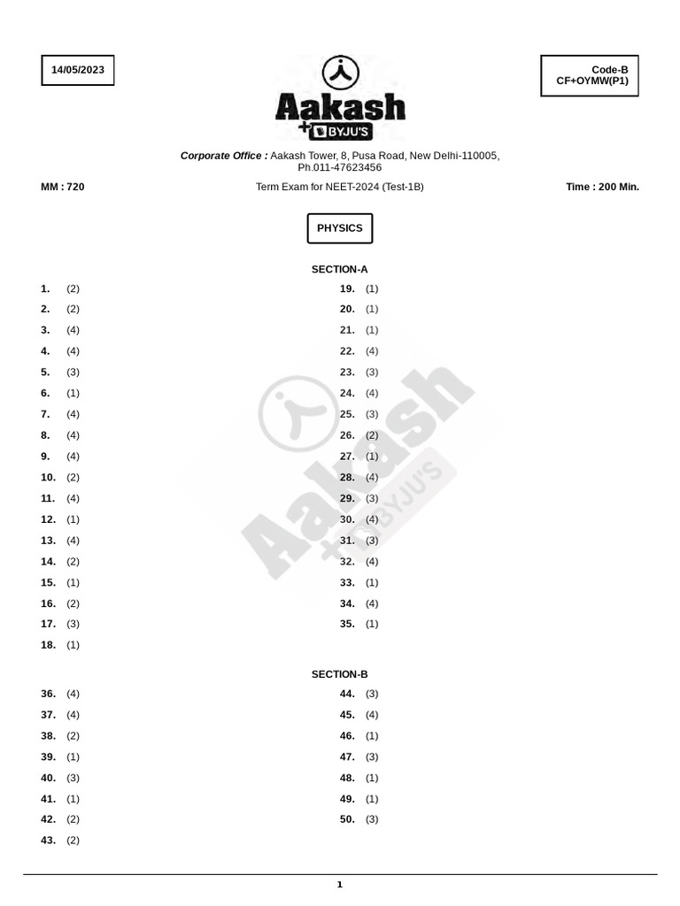 Ph 011 47623456 term exam for neet 2024 test 1b corporate office