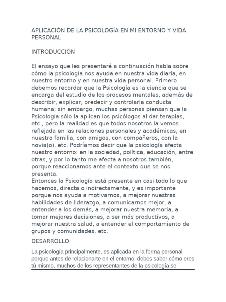Aplicación de La Psicología en Mi Entorno y Vida Personal | PDF