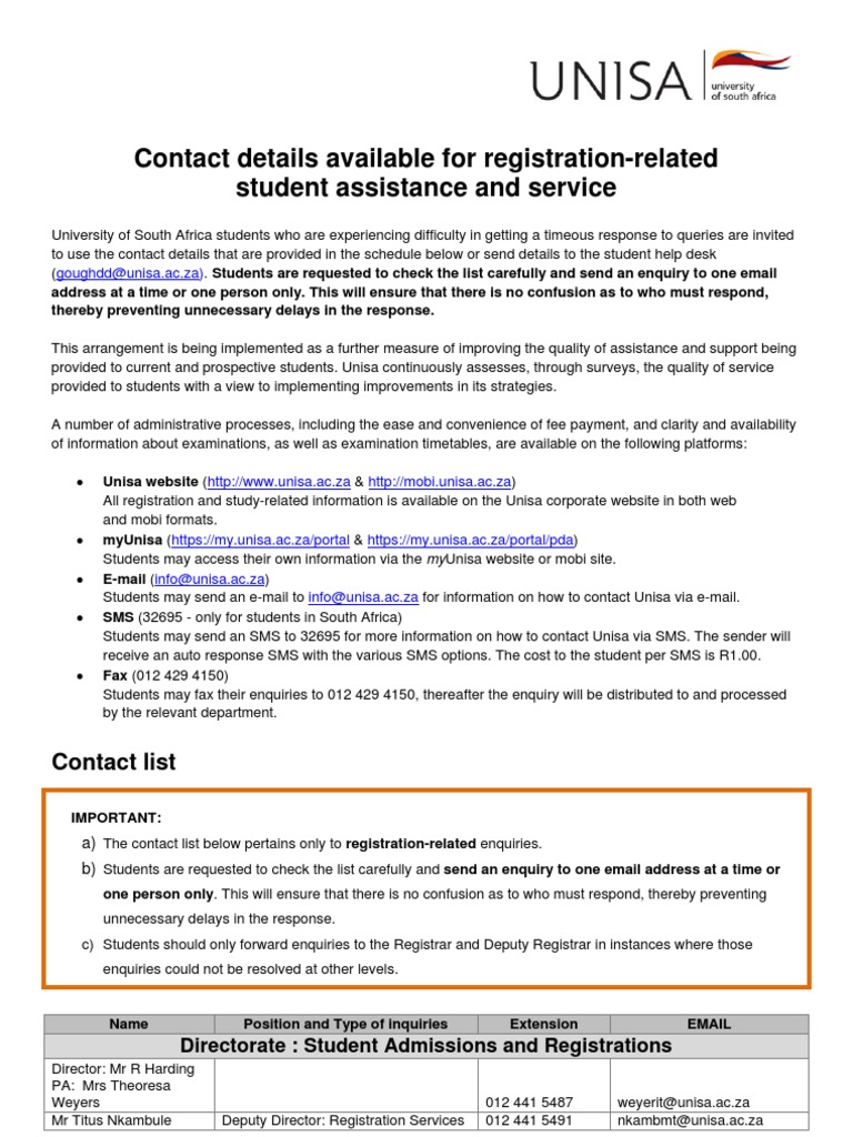 Unisa Registration Contact Details | PDF | Telecommunications ...