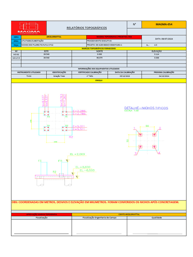 Base R2 Pilares, F3, F4, F11, F12 Pós Concretagem 09-07-2024 | PDF