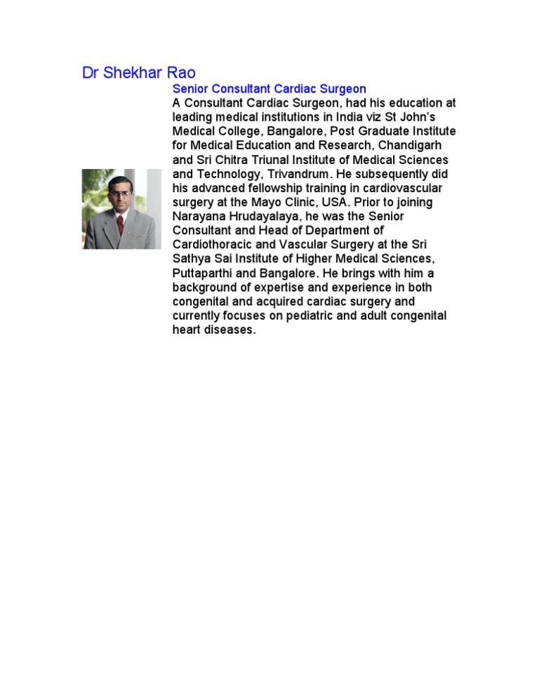 Dr. Shekhar Rao: Cardiac Surgeon Profile | PDF