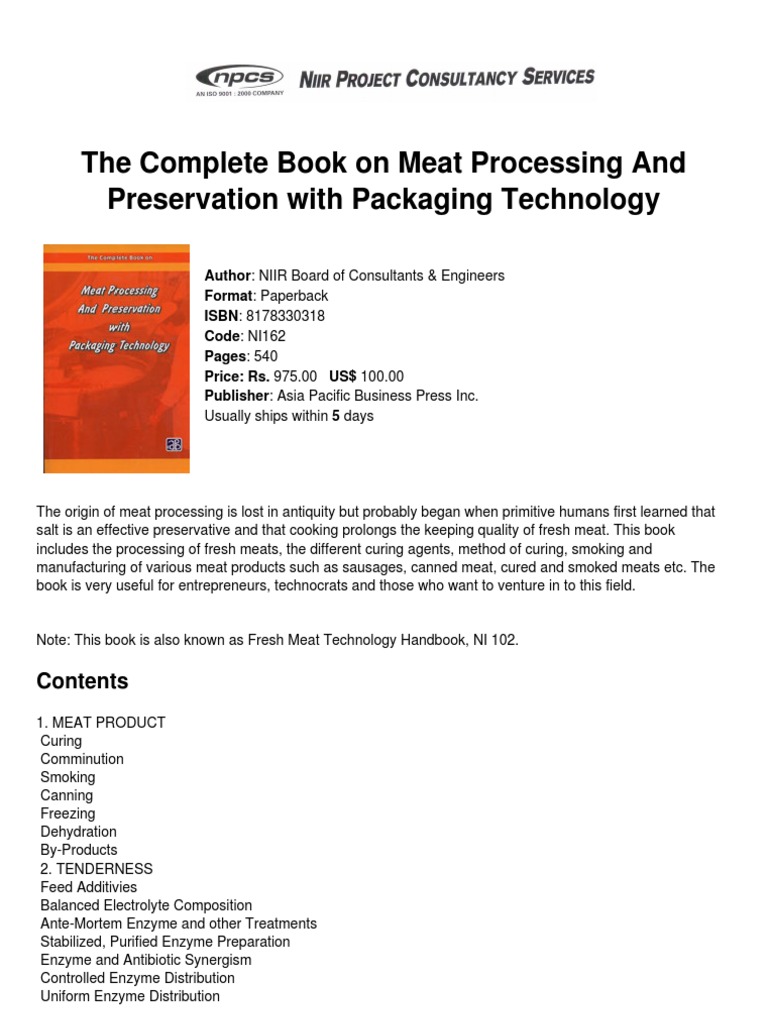 The Complete Book on Meat Processing and Preservation With Packaging