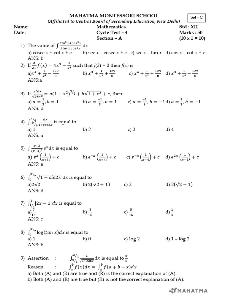 Xii maths cycle test 4 answer key set c pdf