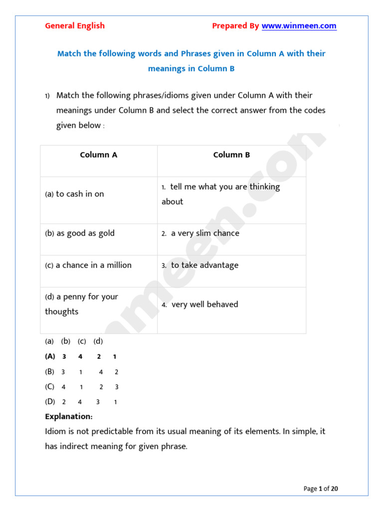 Match The Following Words and Phrases Given in Column A With Their ...