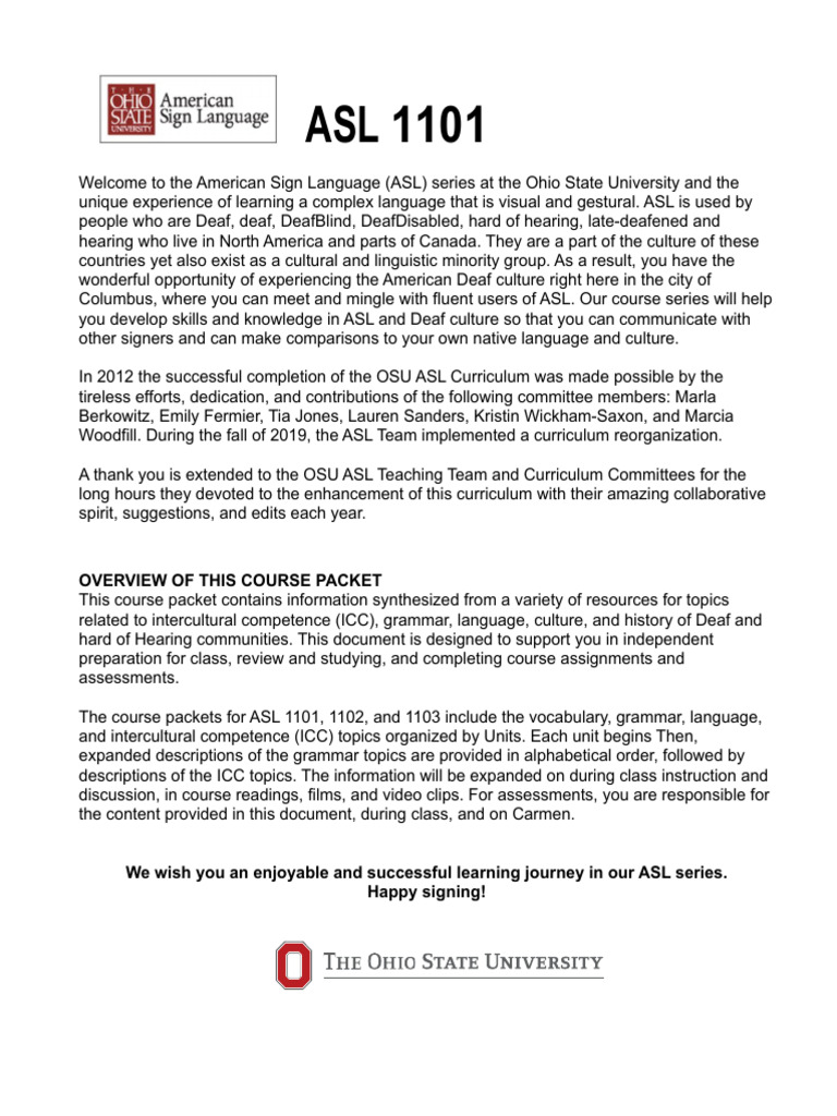 ASL 1101 Course Packet - AU 2023 - Final | PDF