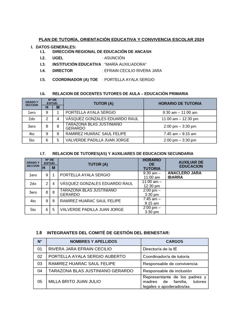 Plan de Tutoría y Convivencia Escolar 2024 | PDF | Discriminación ...
