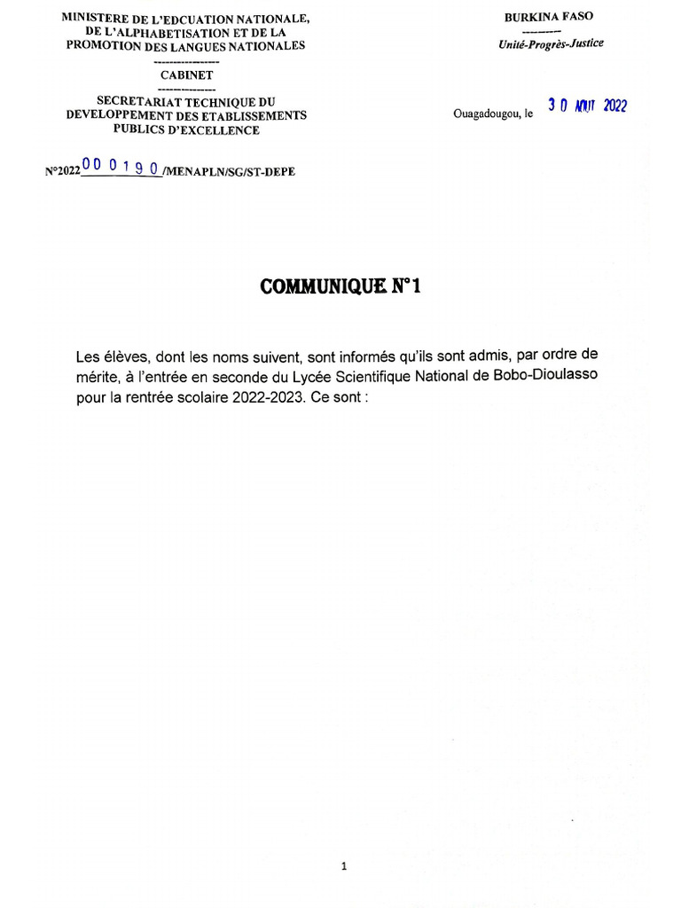Communiqué N°1 LSNB | PDF