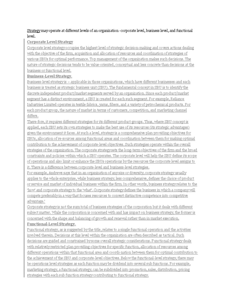 Corporate, Business & Functional Level Strategies Explained | PDF ...