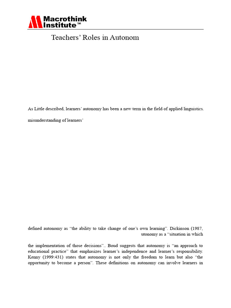 Teachers Roles in Autonomous Learning: ISSN 1948-5468 2012, Vol. 3, No ...