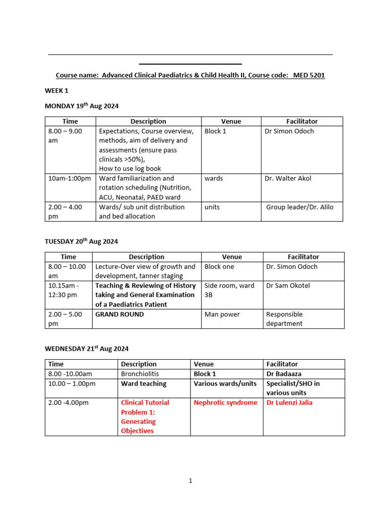 Bufhs Time Table For Advanced Clinical Pediatrics II Rotation For MBCHB ...