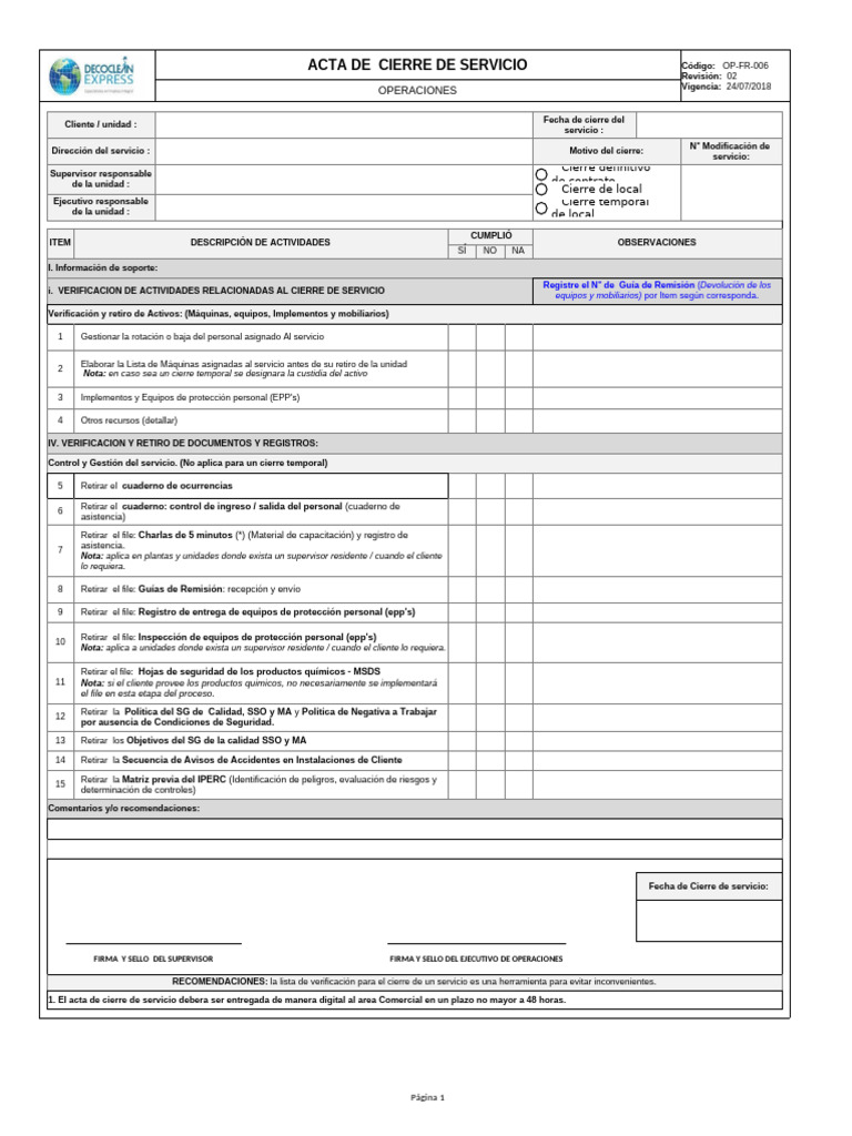 OP-FR-006 Acta de Cierre Del Servicio (Rev 02) | PDF | Informática