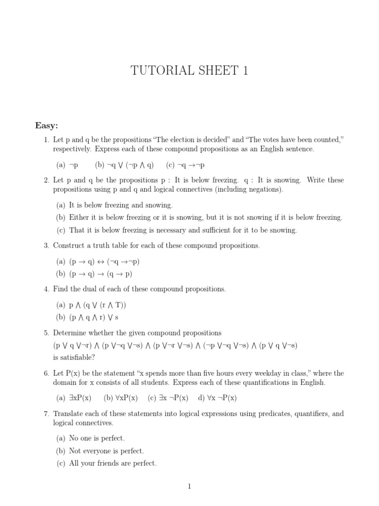 Tutorial Sheet 1 | PDF