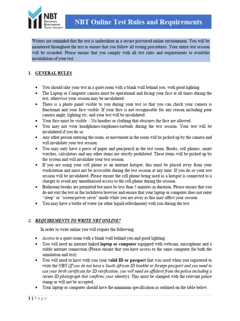 NBT Online Test Rules and Requirements 042022 - 2 | PDF