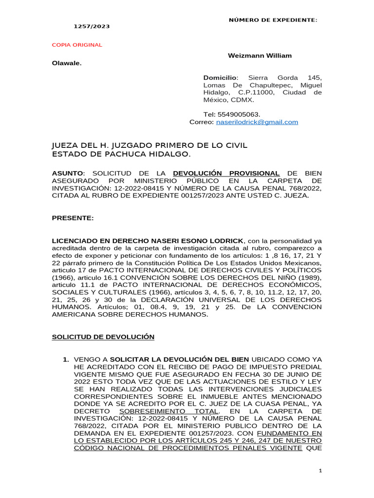 Solicitud de Devolucion Juez Civil Final Copy....Final Final | PDF
