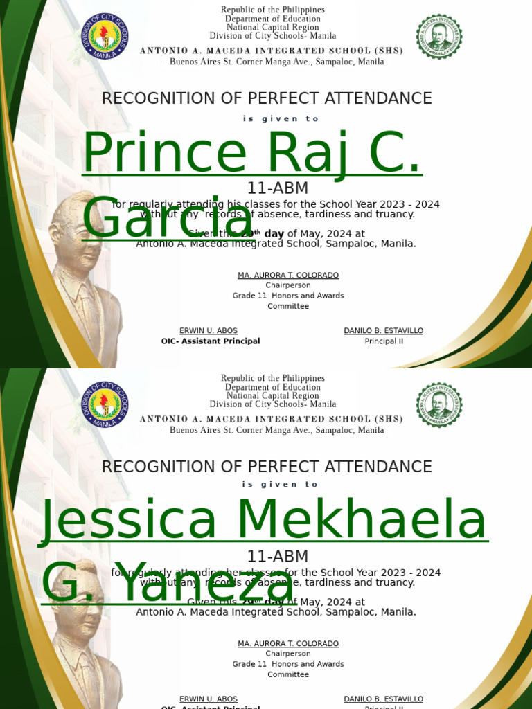 Recognition Perfect Attendance | PDF
