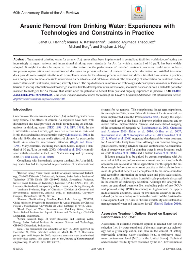 Hering Et Al 2017 Arsenic Removal From Drinking Water Experiences With ...