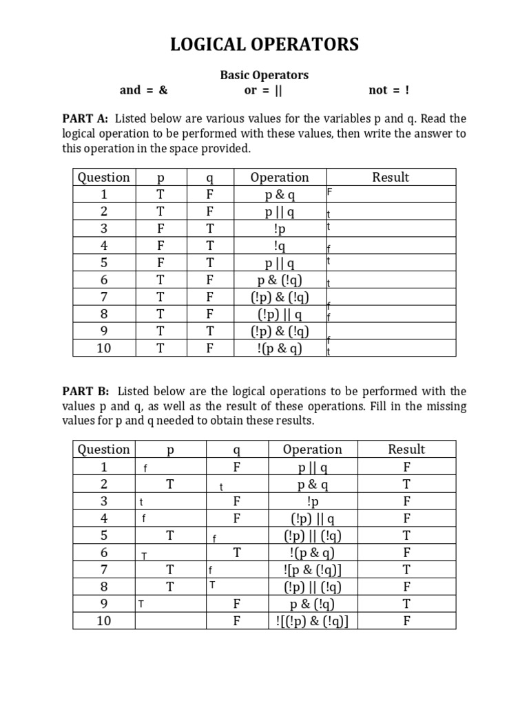 Logical Operators Worksheet | PDF