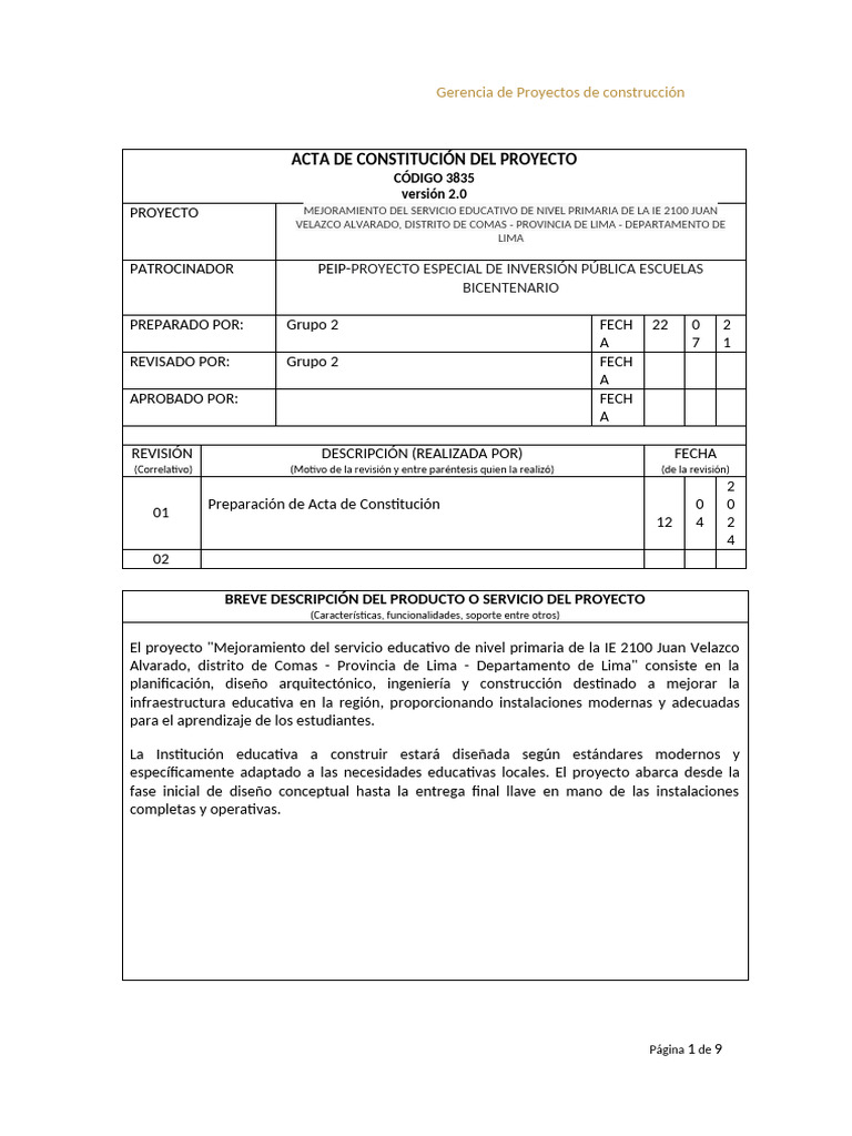 Acta de Constitucion Del Proyecto -Plantilla (1) | PDF