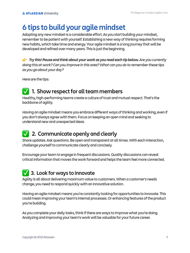 6 Tips To Build An Agile Mindset - Atlassian University Guide | PDF