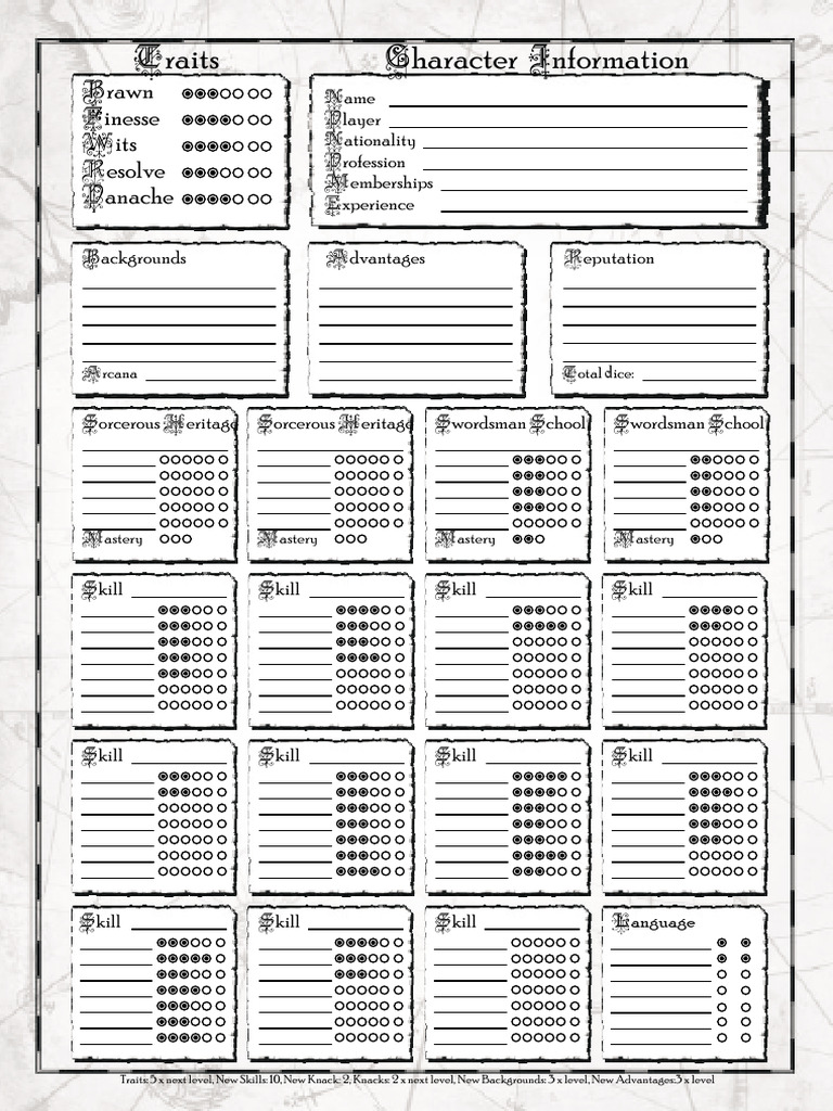 Traits Character Nformation I: Brawn Finesse Wits Resolve Panache | PDF