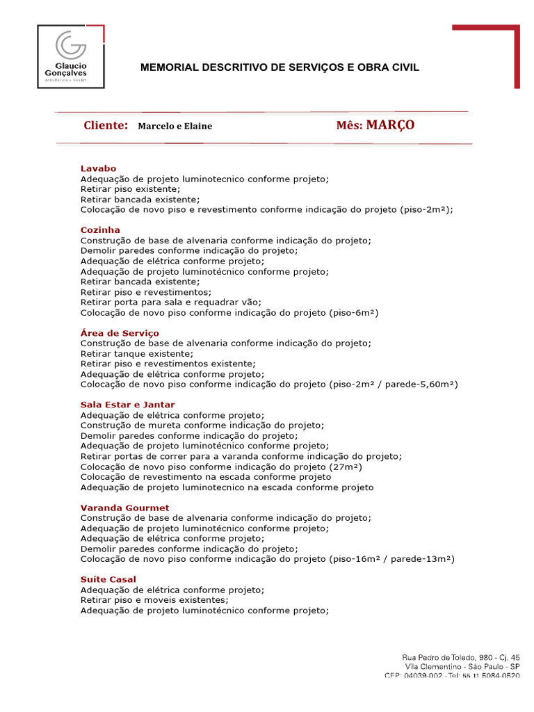 Memorial Descritivo de Serviços e Obra Civil | PDF