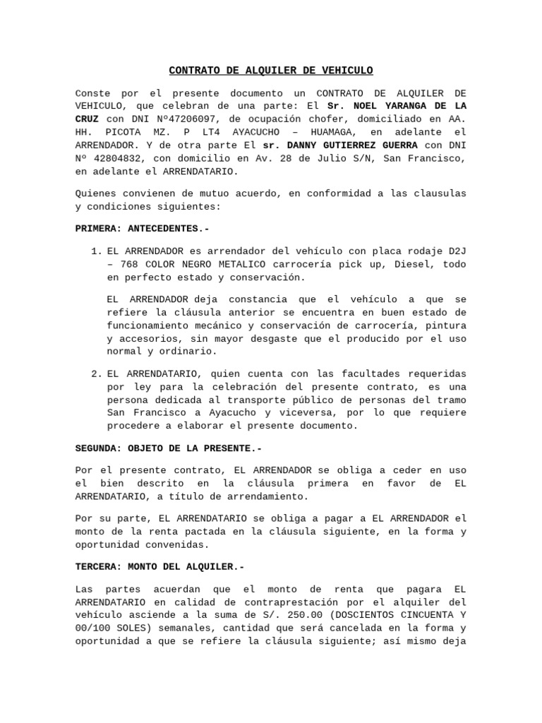 CONTRATO DE ALQUILER DE VEHICULO - Yomer Yaranga | PDF