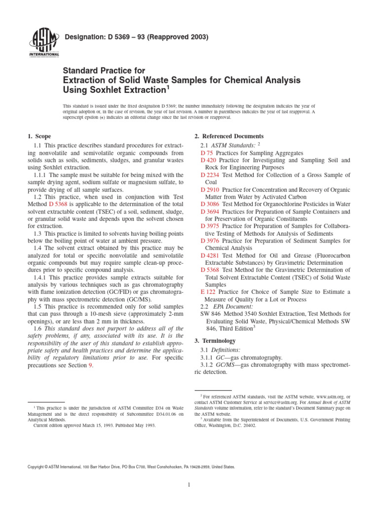 Extraction of Solid Waste Samples For Chemical Analysis Using Soxhlet ...
