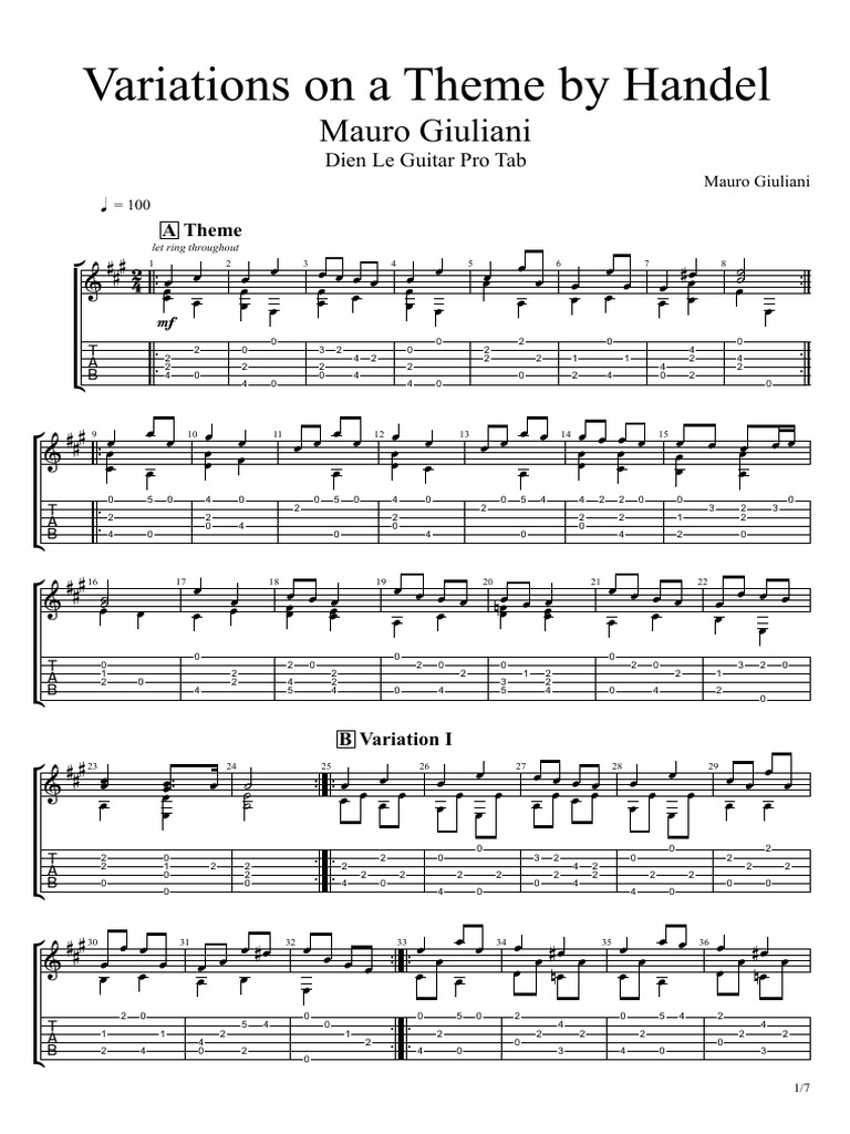 Variations On A Theme by Handel - For Guitar Tutorial With TABs | PDF