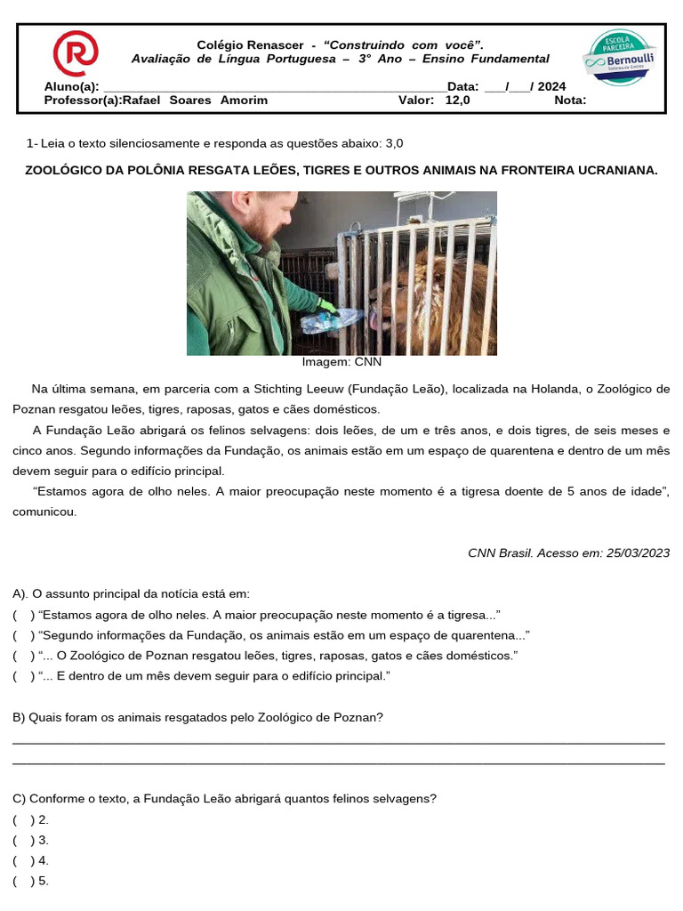 3º Ano - 2 Avaliação de Português 2º Trimestre | PDF