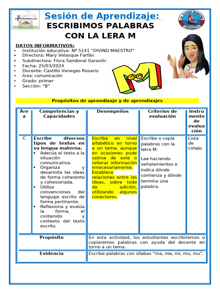 1° Sesión Día 2 Com Escribimos Palabras Con La Letra M | PDF