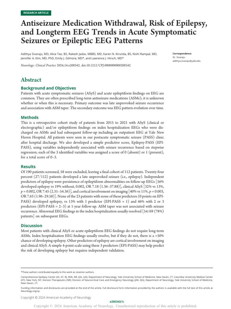 Antiseizure Medication Withdrawal, Risk of Epilepsy, and Longterm EEG ...