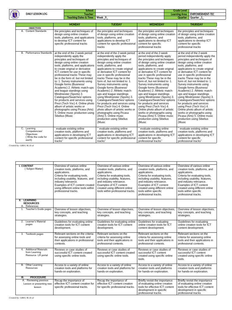 Daily Lesson Log for ICT Design | PDF | Educational Technology | Art