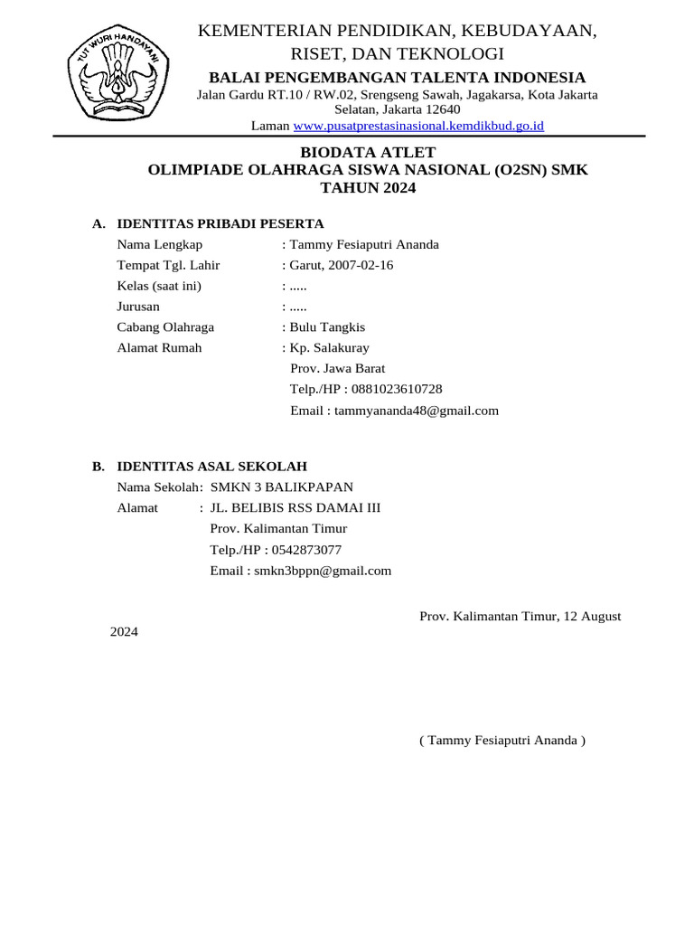 Biodata O2sn Peserta NxNrvZrMEB | PDF