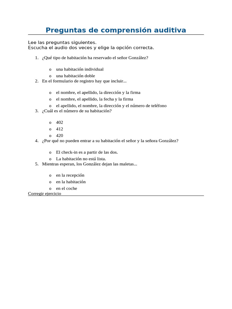 Ejercicio de Espñol El Hotel | PDF