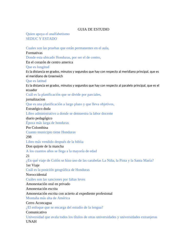 Guía de Estudio para Educación en Honduras | PDF | Honduras | Estudios ...