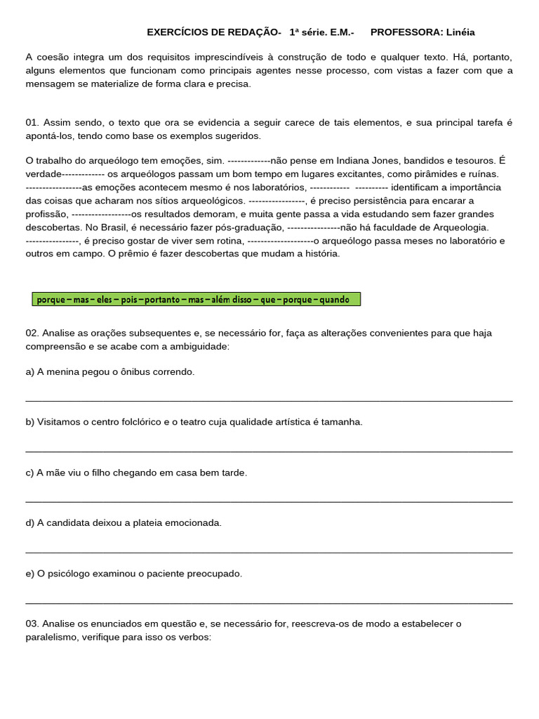 Exercícios de Redação-1 Série. E.M. - Professora: Linéia | PDF