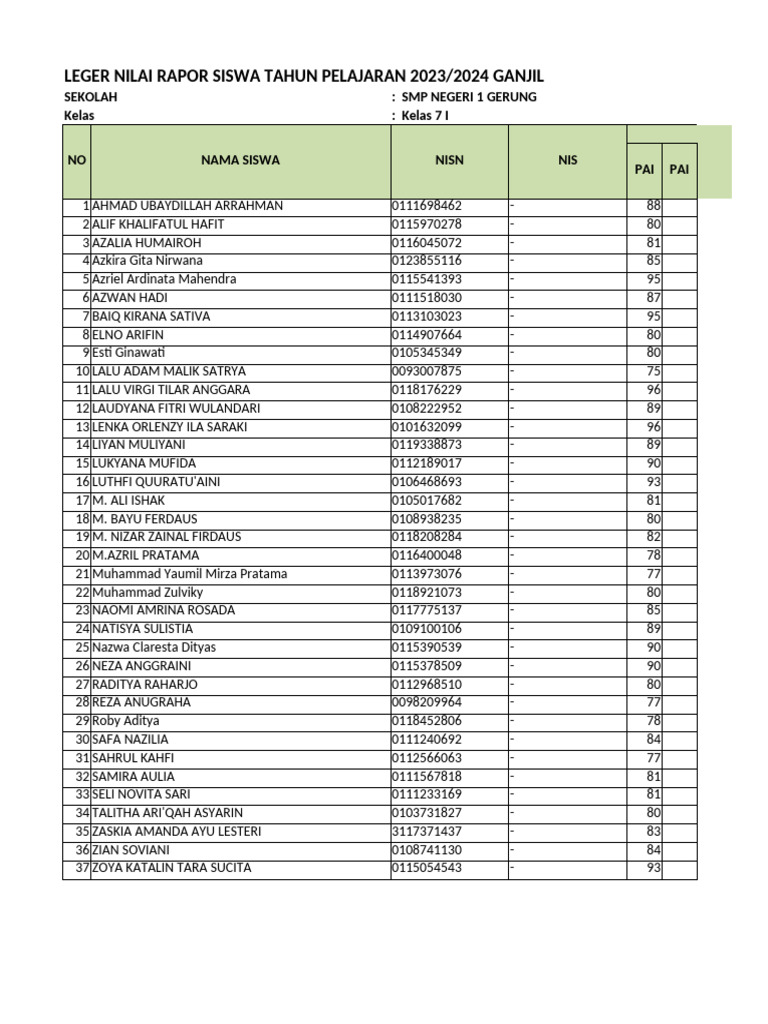 Leger_20231_Kelas 7 I | PDF