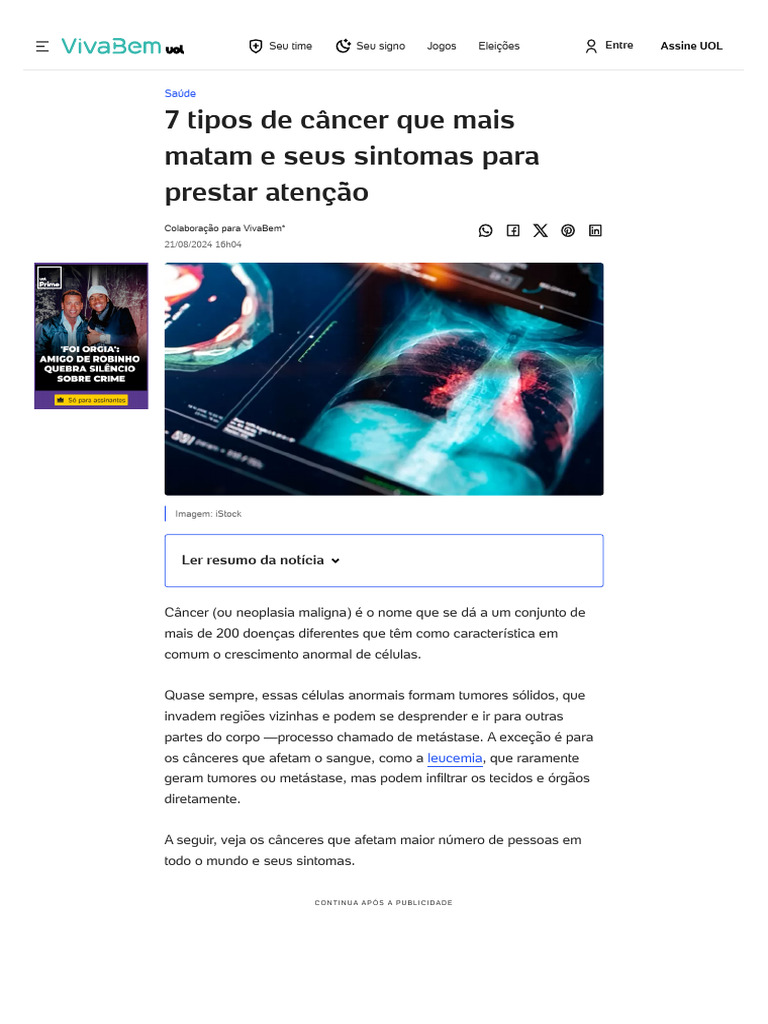 7 Tipos De Câncer Que Mais Matam E Seus Sintomas Para Prestar Atenção Pdf
